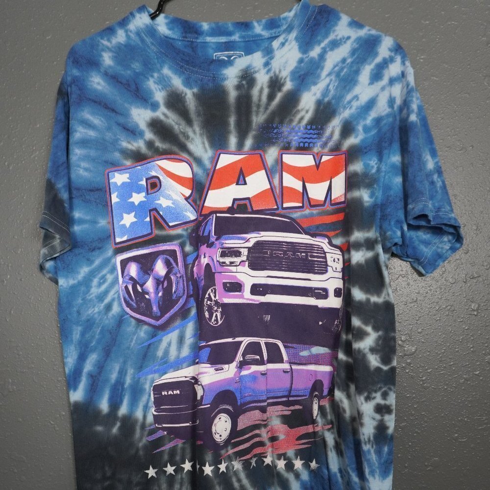 Ram Mens Blue White Multicolor Tie Dye Short Sleeve Graphic Shirt Size Medium